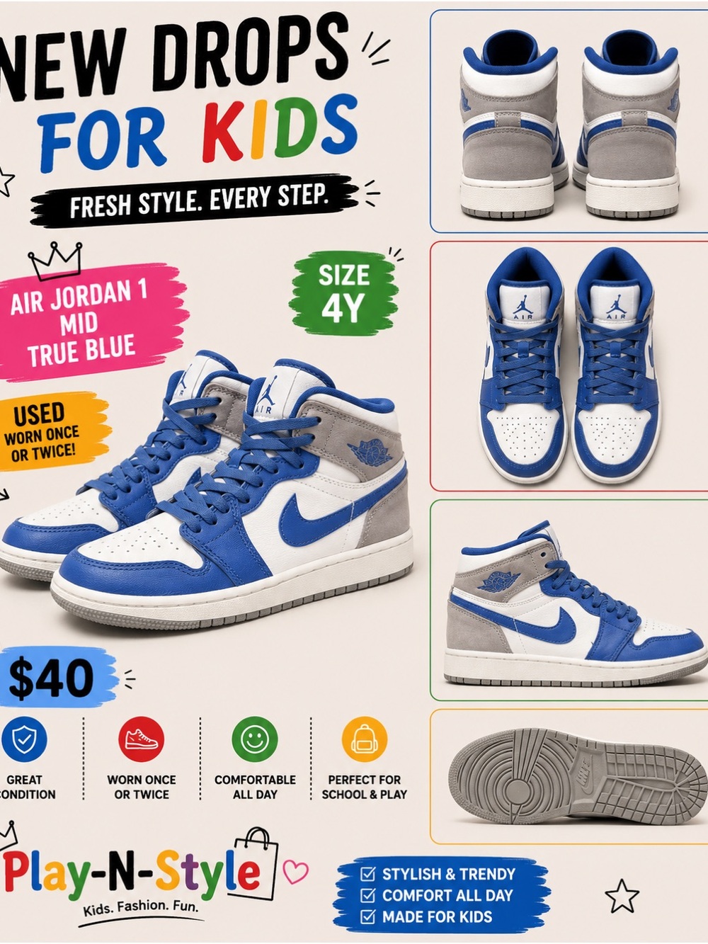 Jordan Kids Mid-Top Sneakers in True Blue, Gray, and White